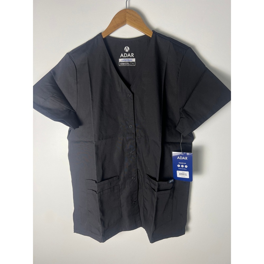 NWT! Adar Scrub Top Wm LG Black Snap Front Universal Classic Fit Medical Uniform
